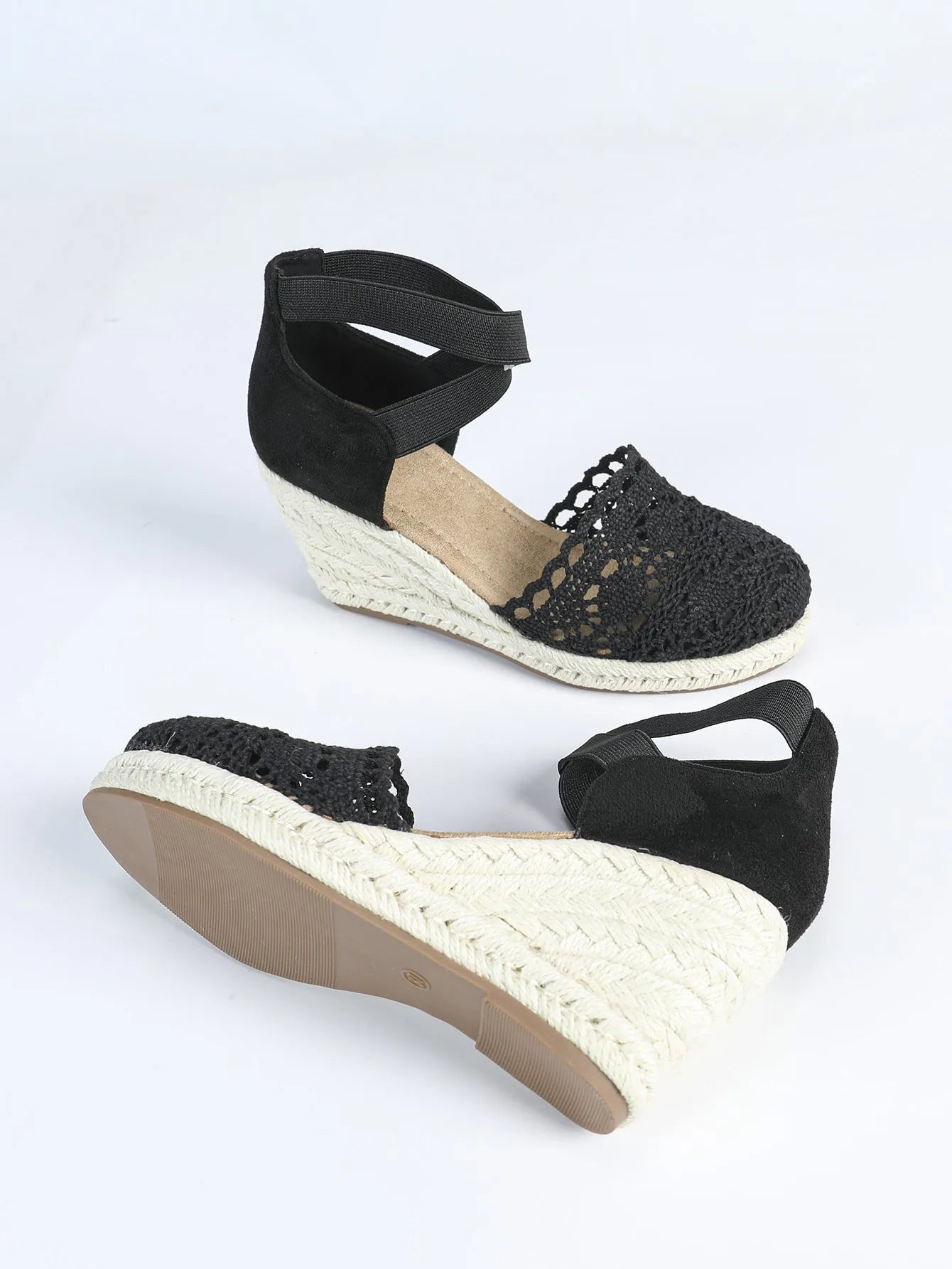 Women's canvas wedge sandals in Roman style with round toe, shown in apricot and black colours