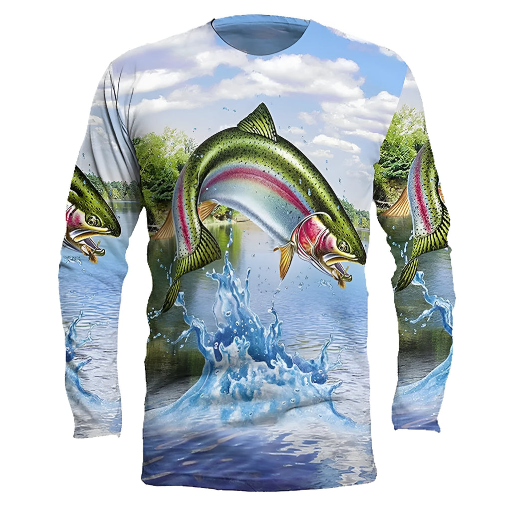 Men's grey pullover top with a detailed fish pattern print, featuring a round neck and long sleeves.
