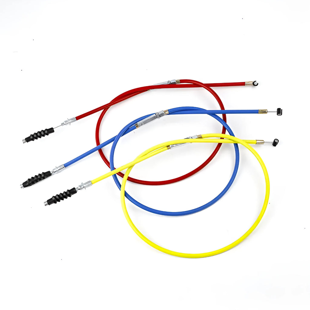 Scramble motorcycle clutch and accelerator cable set in four colour options: black, blue, red, yellow.