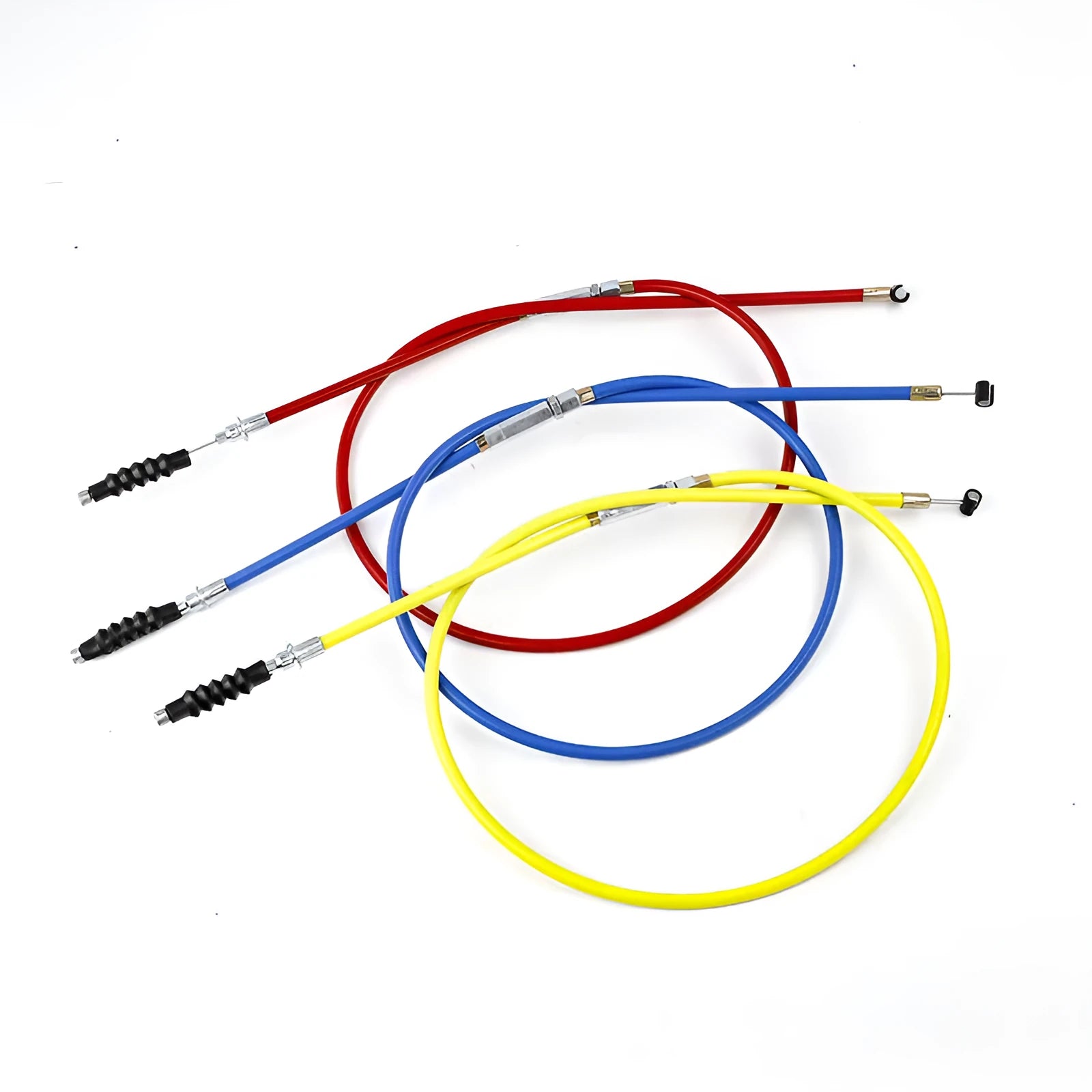 Scramble motorcycle clutch and accelerator cable set in four colour options: black, blue, red, yellow.
