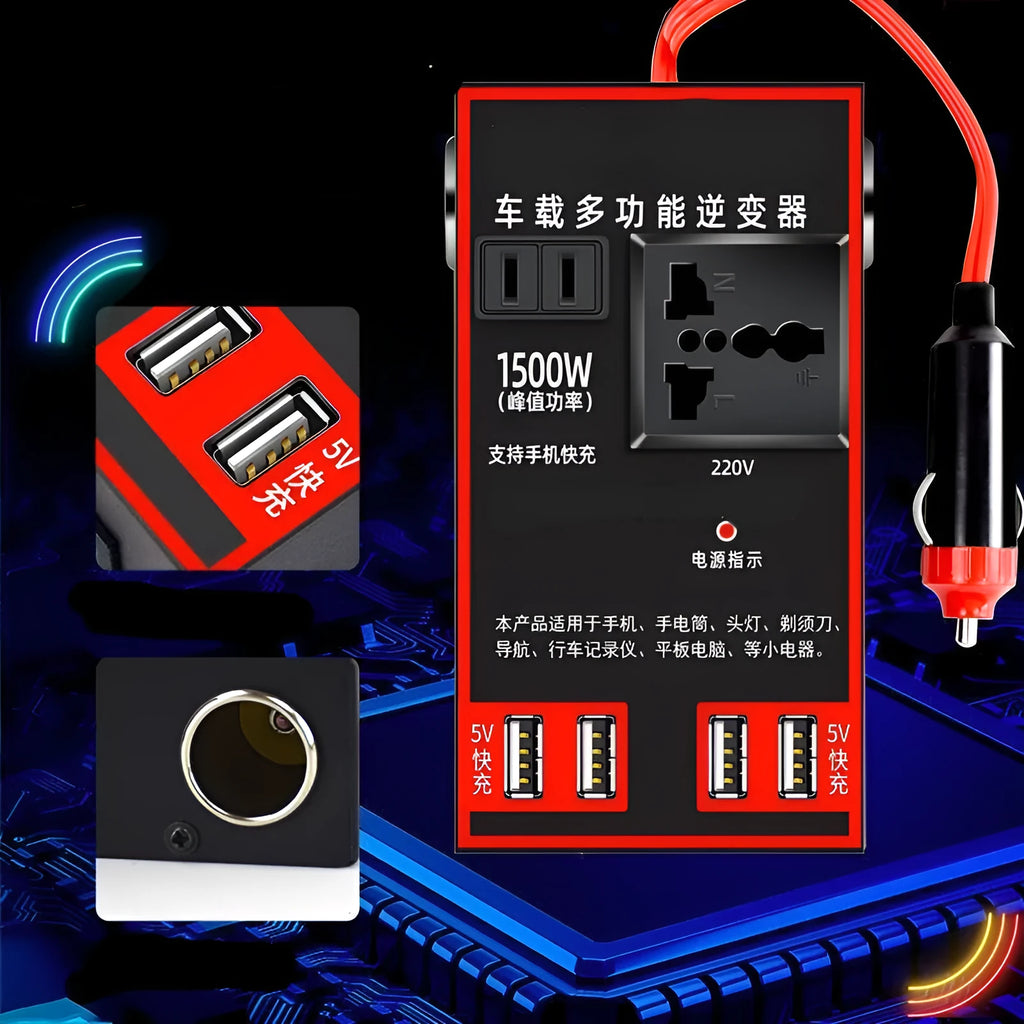 Black automotive power converter converting 12v 24v car power to 220v AC with USB charging ports