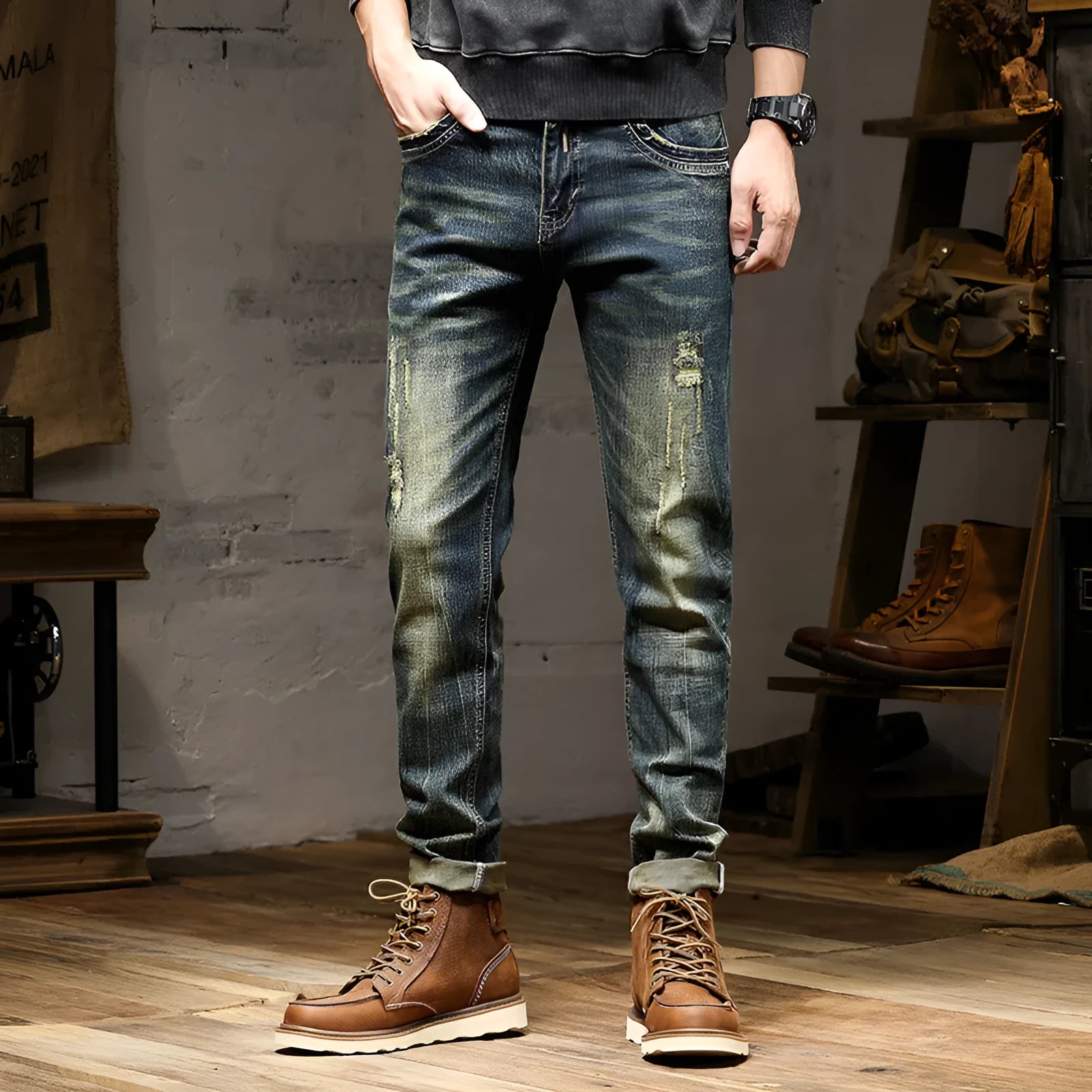 Men's skinny fit stretch jeans in a retro colour, showing zip fly and cotton denim fabric.