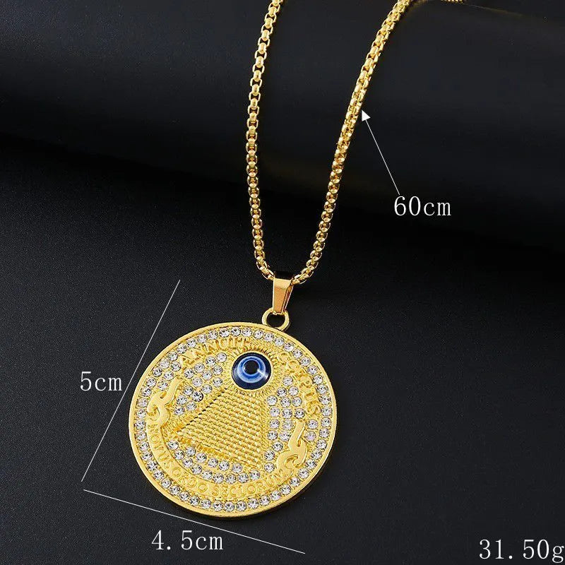 Gold geometric alloy pendant necklace for women with inlaid zircon stones.