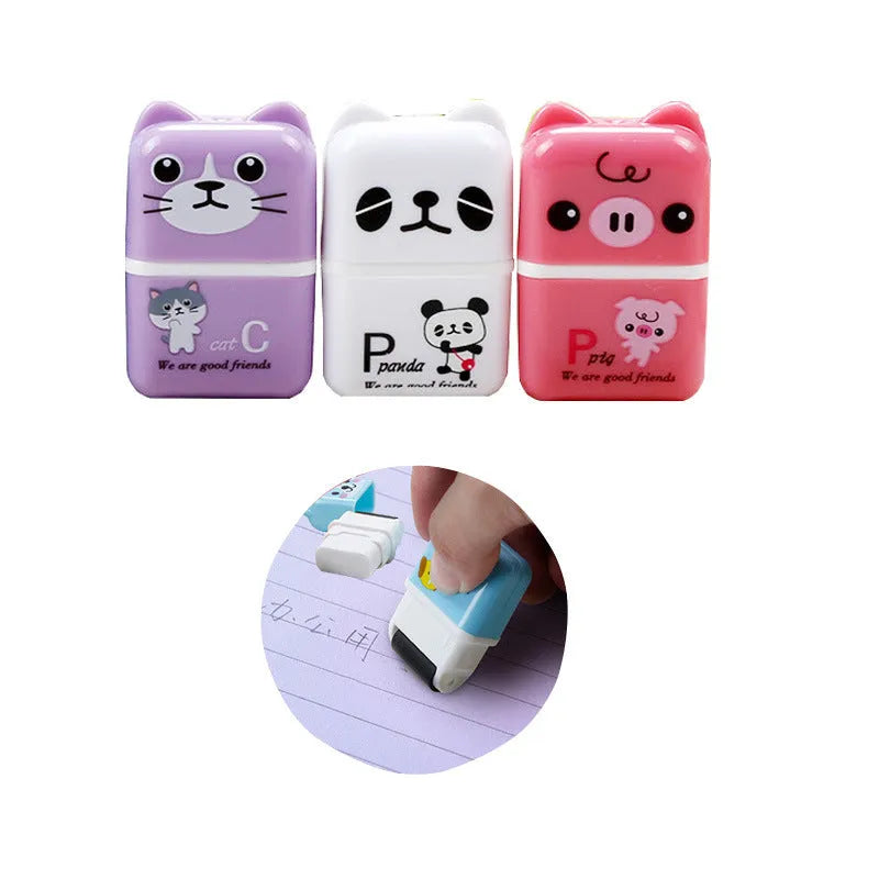 Set of 6 cute animal cartoon erasers in mixed colours, each 3x1.5x5cm, on a white background.