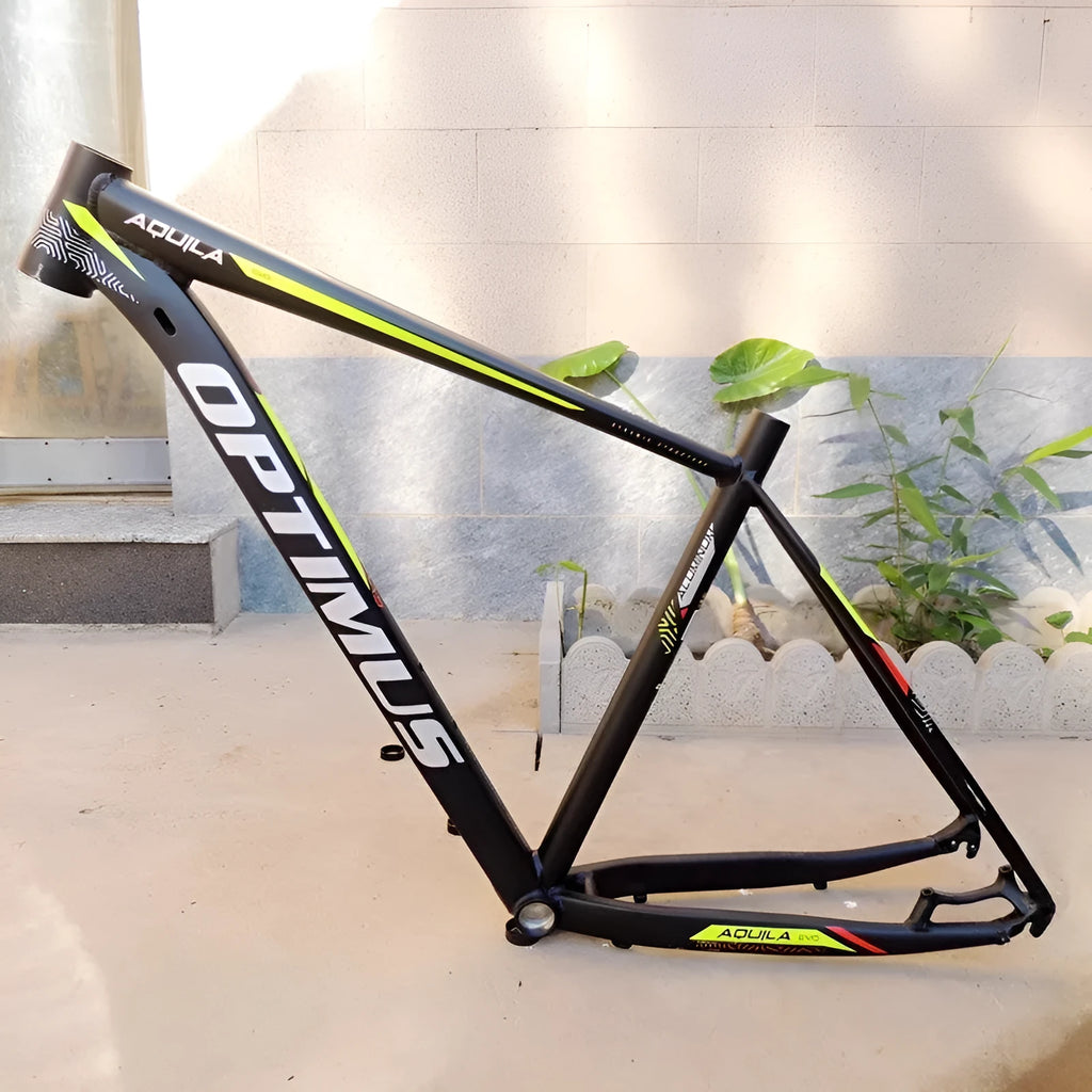 Black green 29-inch aluminium mountain bike frame with inner cable routing and disc brake mounts