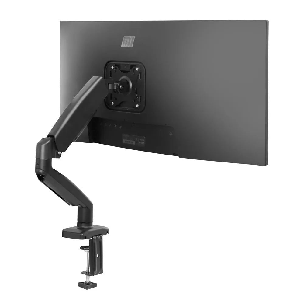 Black metal LCD screen rotating telescopic bracket elevated on desktop with adjustable angle