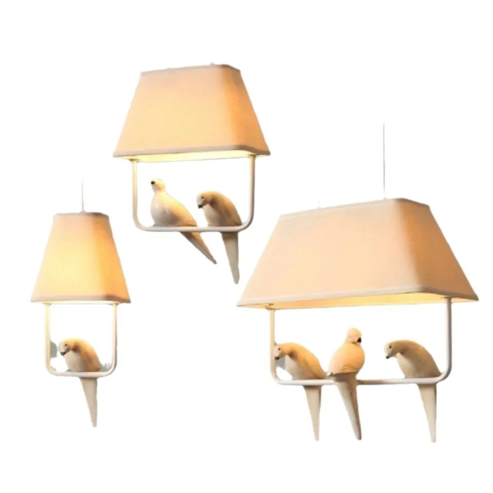 Bird chandelier ceiling lamp with fabric shade and iron frame in multiple head configurations