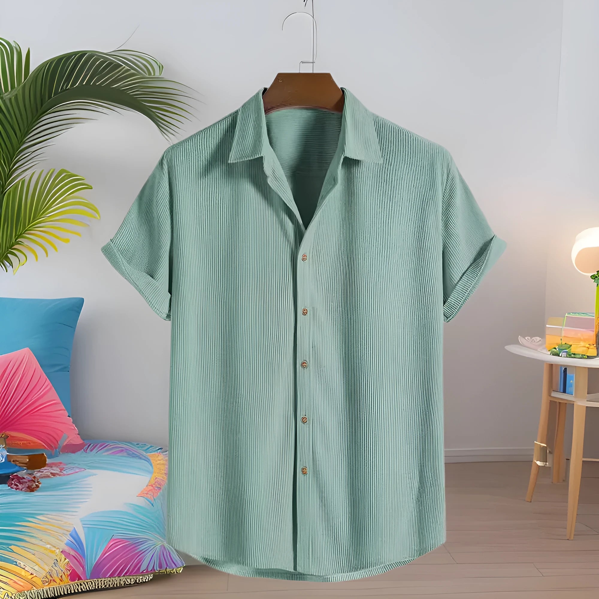 Men's short-sleeved polyester cardigan shirt available in multiple colours and sizes S through 5XL