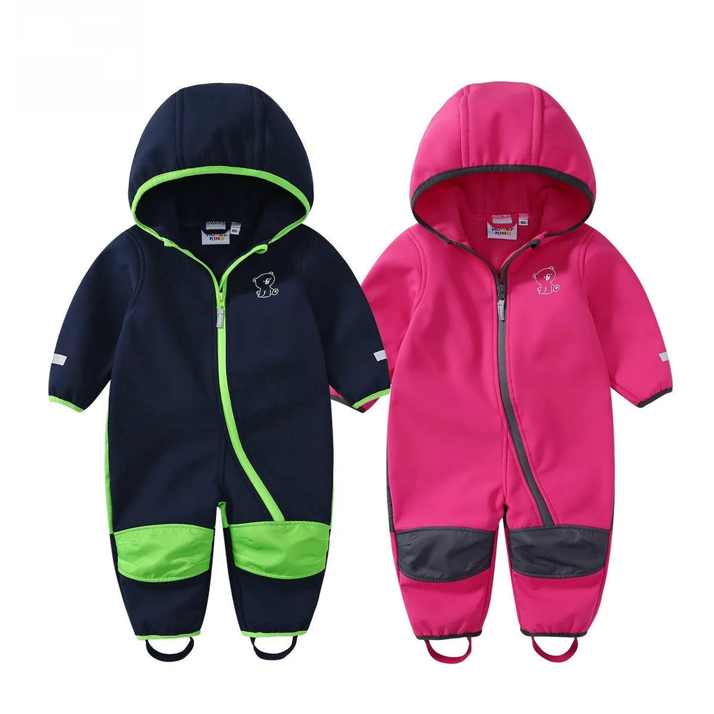 Baby outdoor fleece-lined softshell romper jumpsuit for unisex winter wear in grey