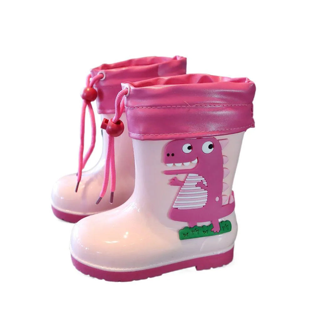 Children's non-slip low-top PVC rain boots with dinosaur print in blue, pink, and yellow colours