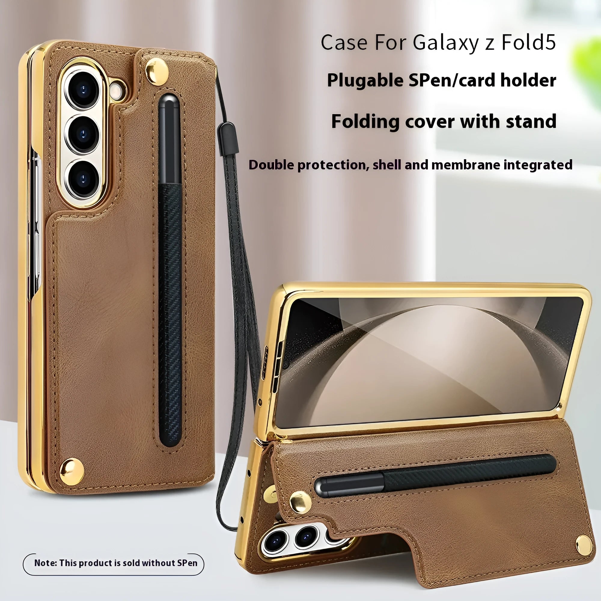 PU leather phone case for Samsung Z Fold 5 with bracket, pen slot, and card storage in black electroplated finish