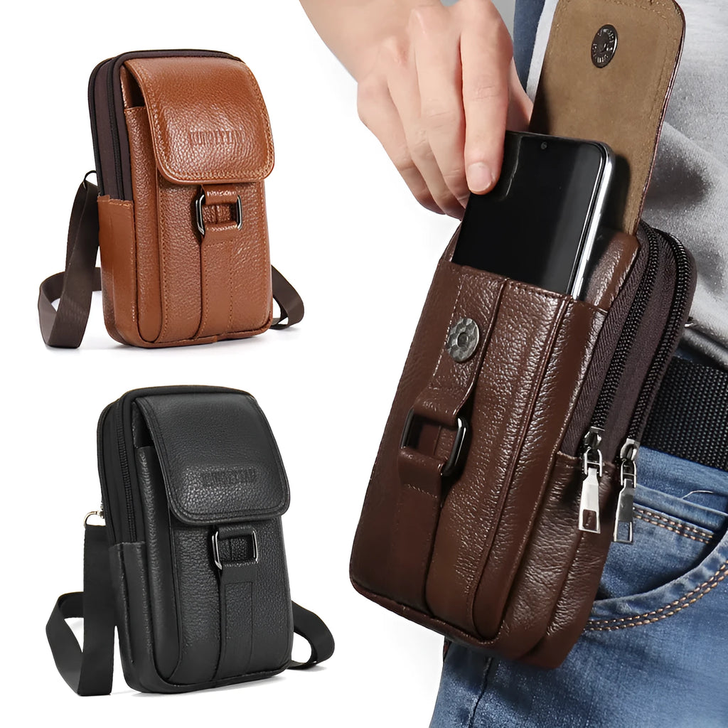 Genuine cowhide leather men's waist bag square vertical shape with sewing line detail black colour