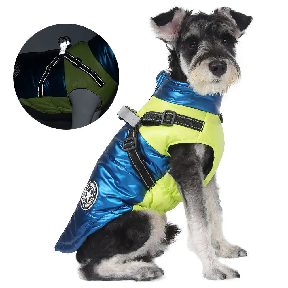 Windproof warm reflective dog coat cotton pet clothing in black on a white background