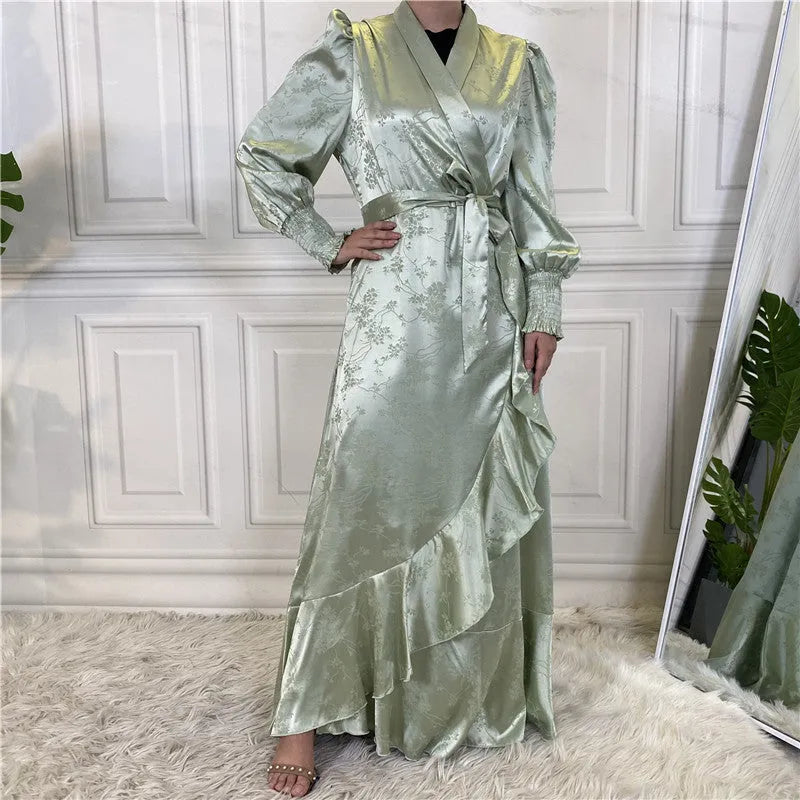 New fashion women's patchwork Muslim dress in satin print, green colour, full-length modest style