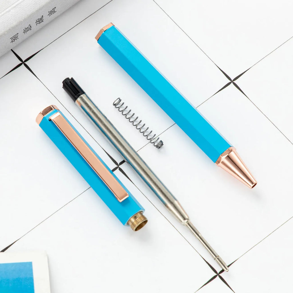 Metal six-angle rod ballpoint pen with 1.0mm bullet tip in multiple colour options