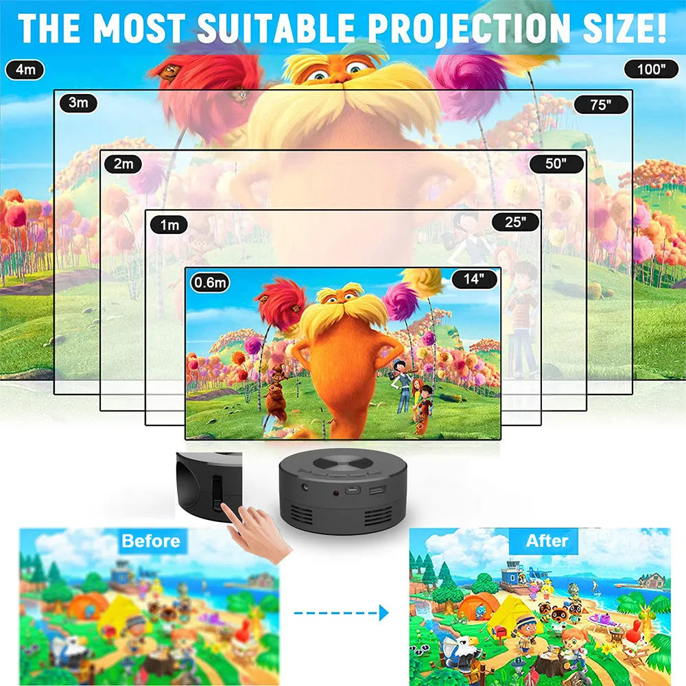Black mini portable children's projector for mobile phone connection.