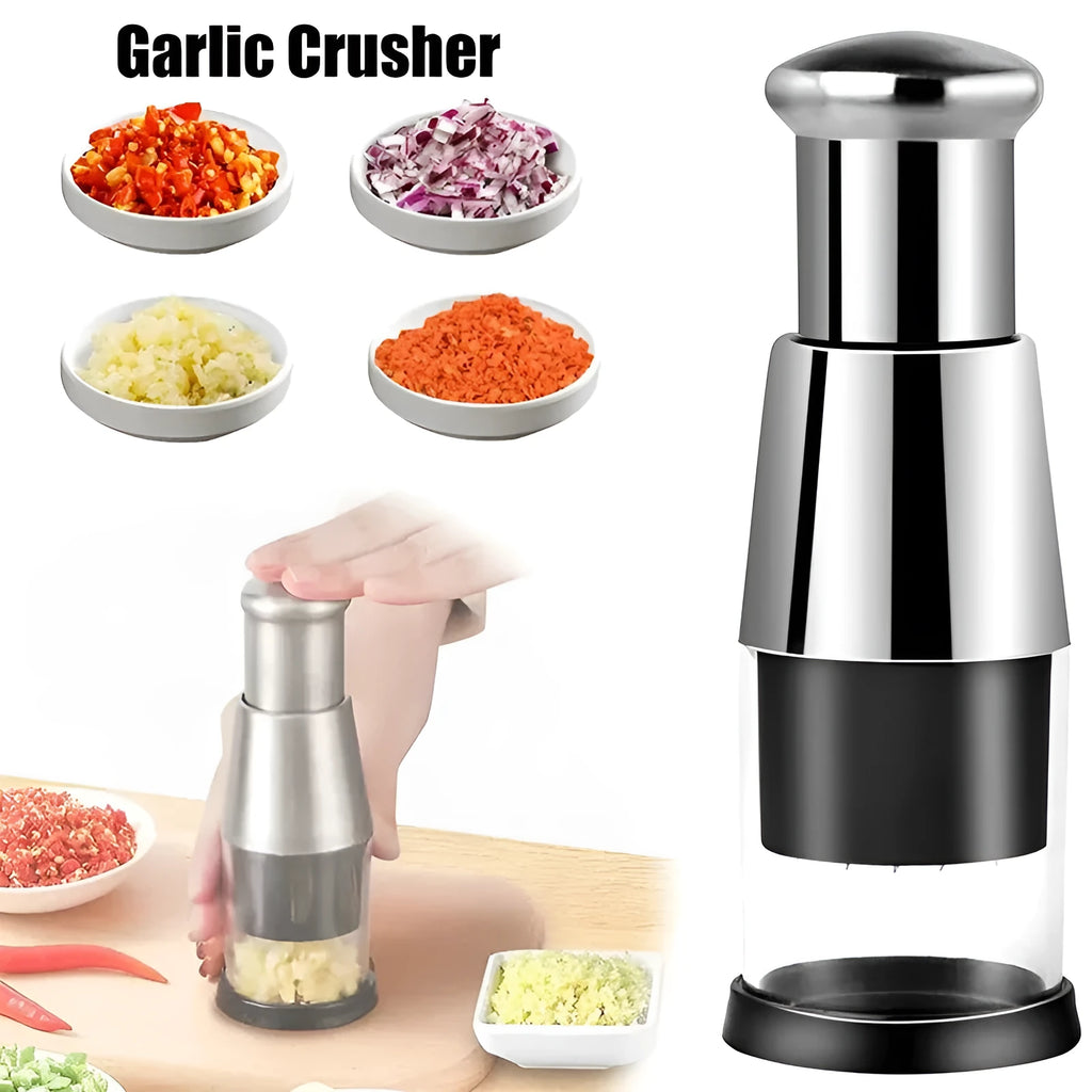 Manual garlic press and onion chopper with stainless steel blades on a kitchen counter.