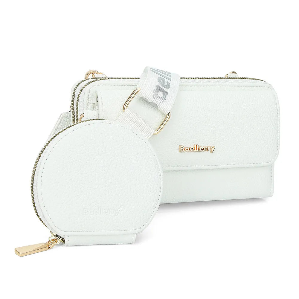 Two lychee-textured composite crossbody bags with letter print and small coin purse in pink and dark blue