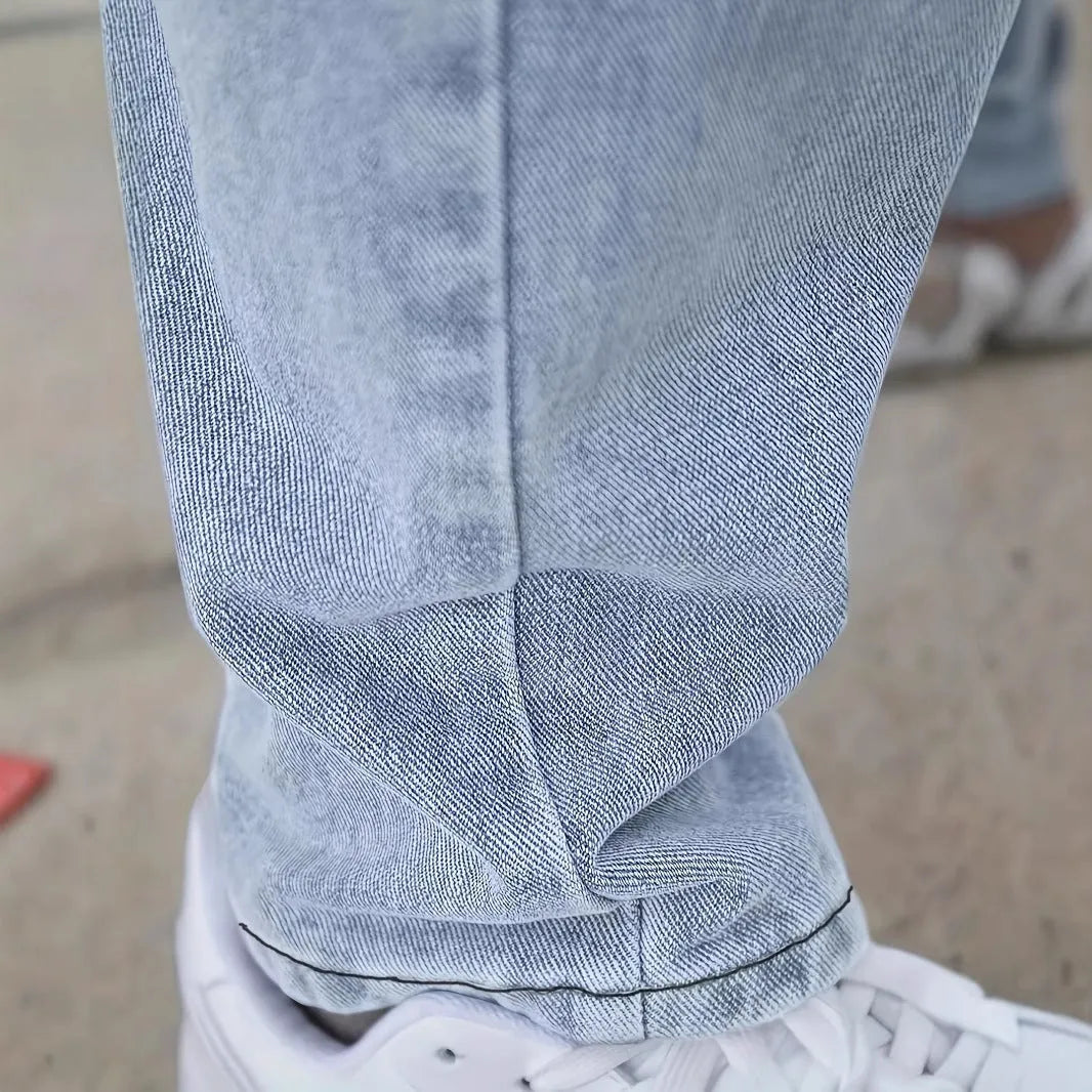 Youth slim straight-leg jeans for men in light blue cotton fabric, mid waist with zip placket