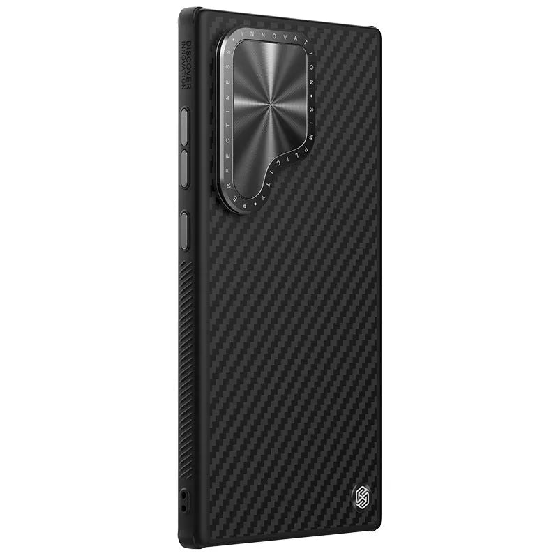 Kevlar magnetic phone bracket case for Samsung S24 Ultra in black with invisible stand