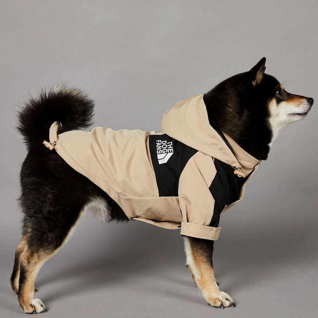 Khaki polyester dog shell jacket shown on a dog, available in sizes S through 5XL