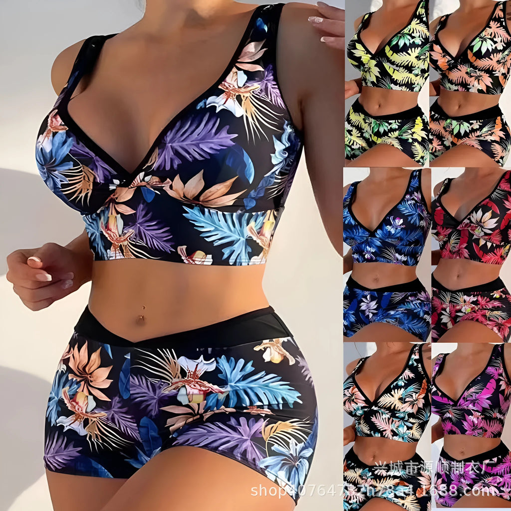 Two-piece female swimsuit set with printed boxer brief bottoms and sleeveless top