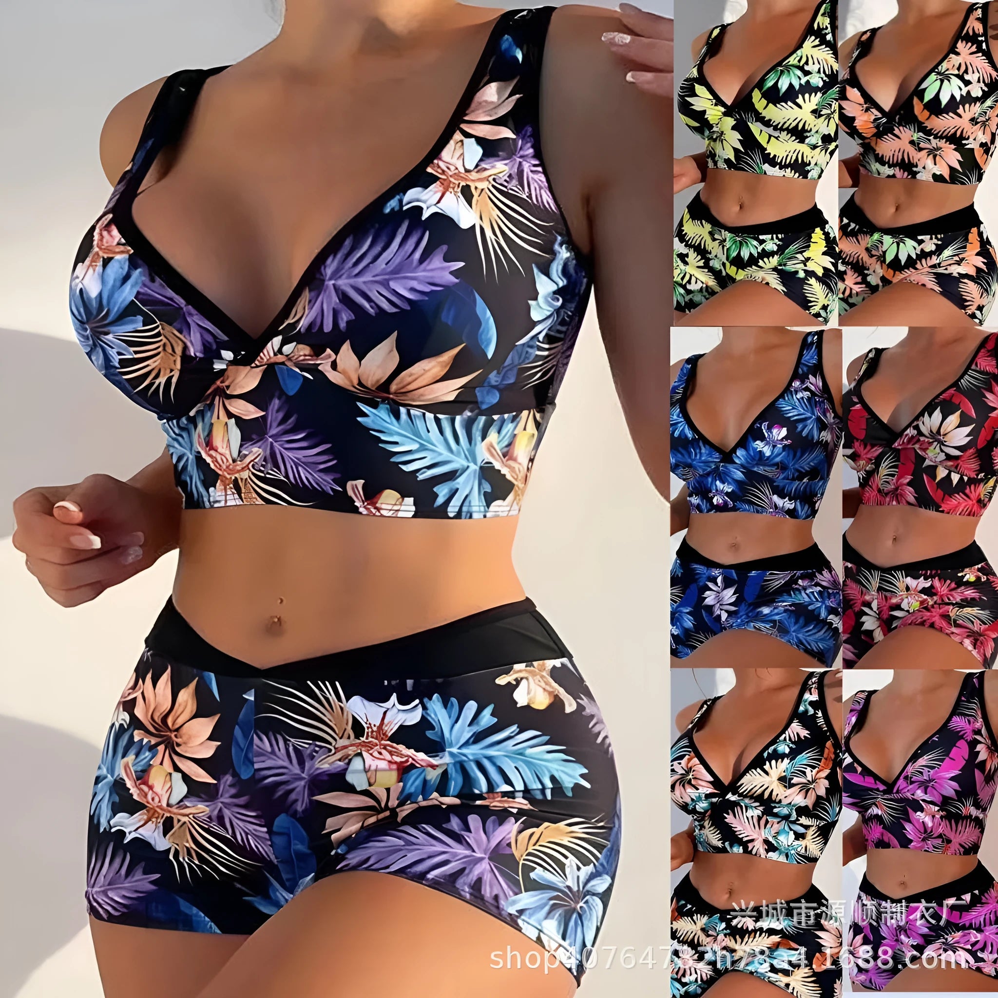 Two-piece female swimsuit set with printed boxer brief bottoms and sleeveless top