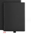 Black rewritable paper notebook open with spiral binding, erasable pen, and B5 size sheets