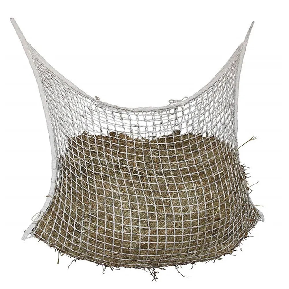 Black woven PE rope grid feeding bag hanging, sized for a horse.