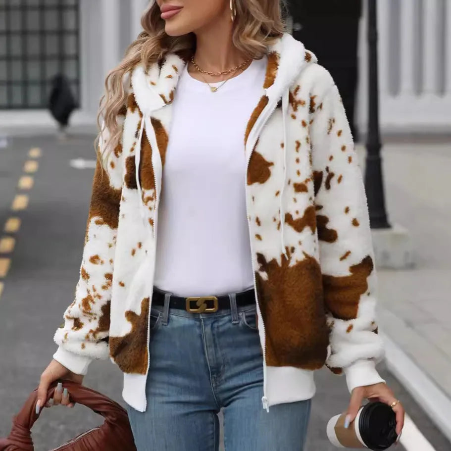 Yellow-brown animal print hooded zip-up cardigan jacket with regular sleeves