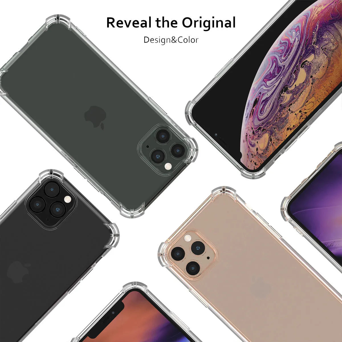 Clear shockproof TPU phone case for various iPhone models on a table.