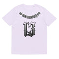 Straight-cut grey cotton t-shirt with short sleeves and a round neck on a hanger.