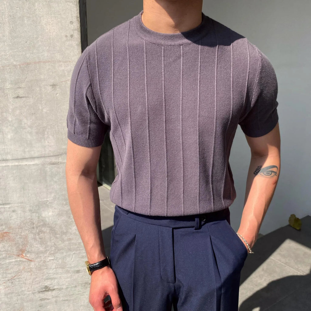 Men's short sleeve knitted T-shirt in solid colour, loose fit, summer lightweight polyester top