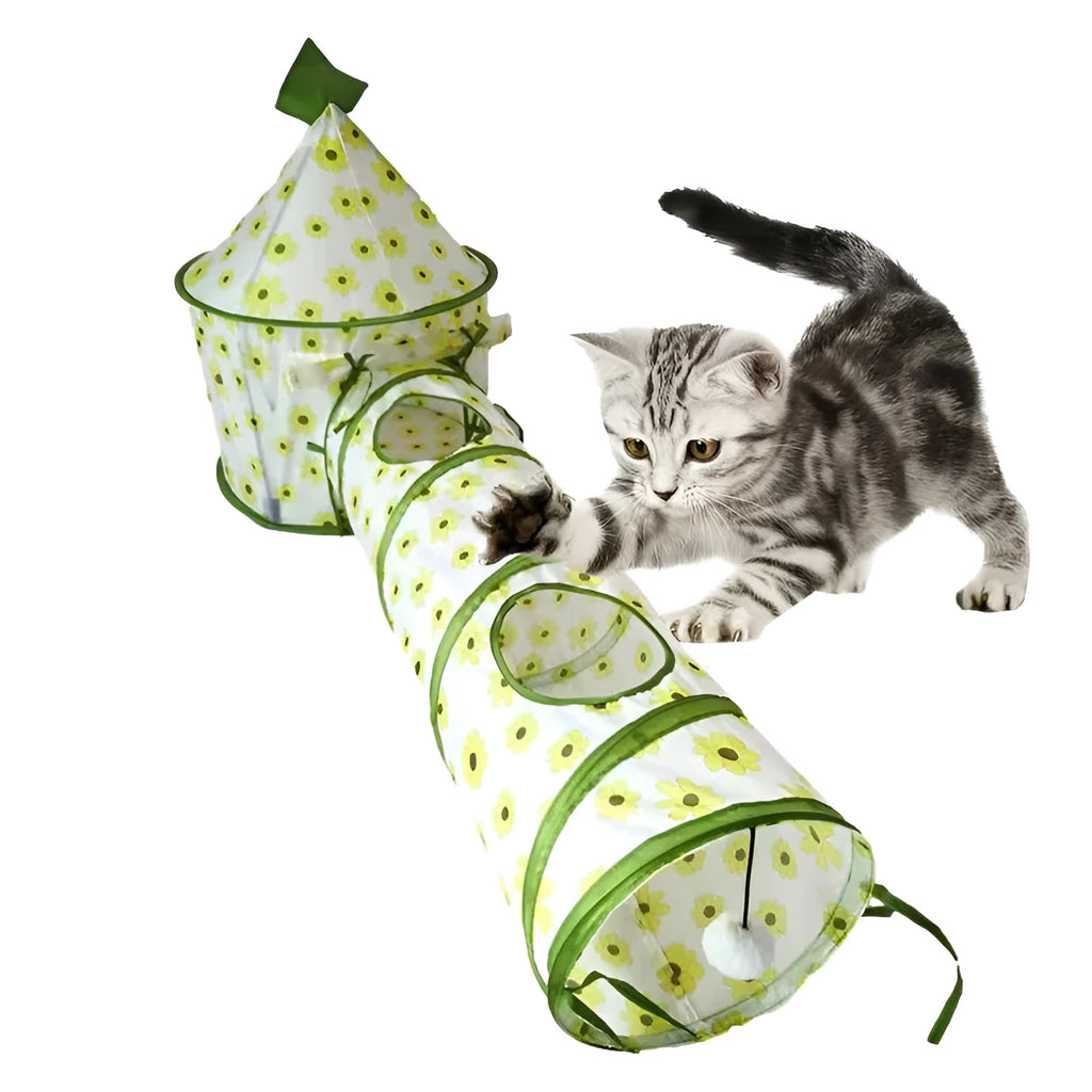 Foldable cat play tunnel in green with a small room and long tunnel section on a white background