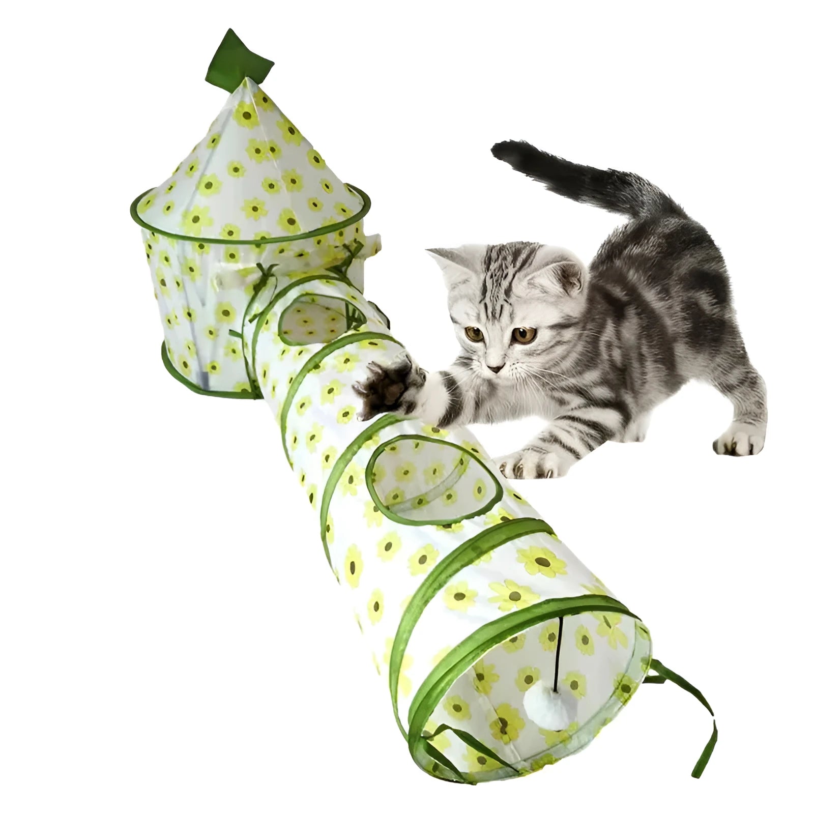 Foldable cat play tunnel in green with a small room and long tunnel section on a white background