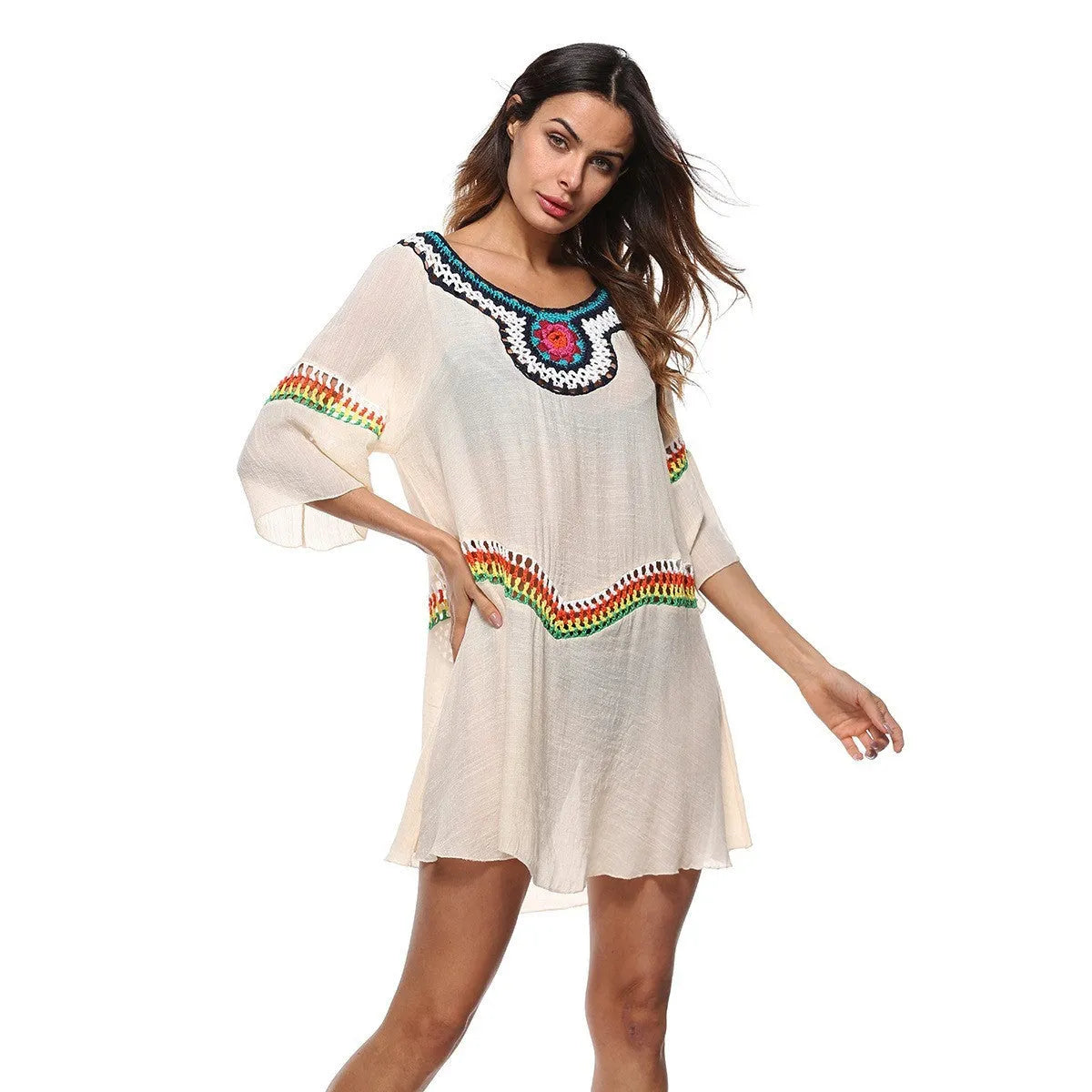 Crocheted ethnic style beach cover-up top in apricot colour for sun protection