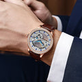 Men's zircon mechanical watch with transparent case back showing movement