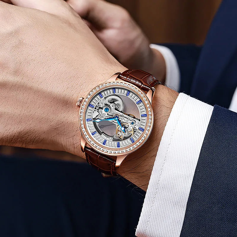 Men's zircon mechanical watch with transparent case back showing movement