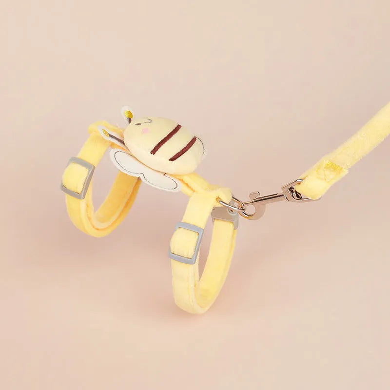 Adjustable bee shaped polyester cat leash in pink, blue, or yellow with strap and hand rope.