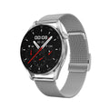 Smart watch with metal wristband and 1.3 inch IPS touchscreen display showing interface