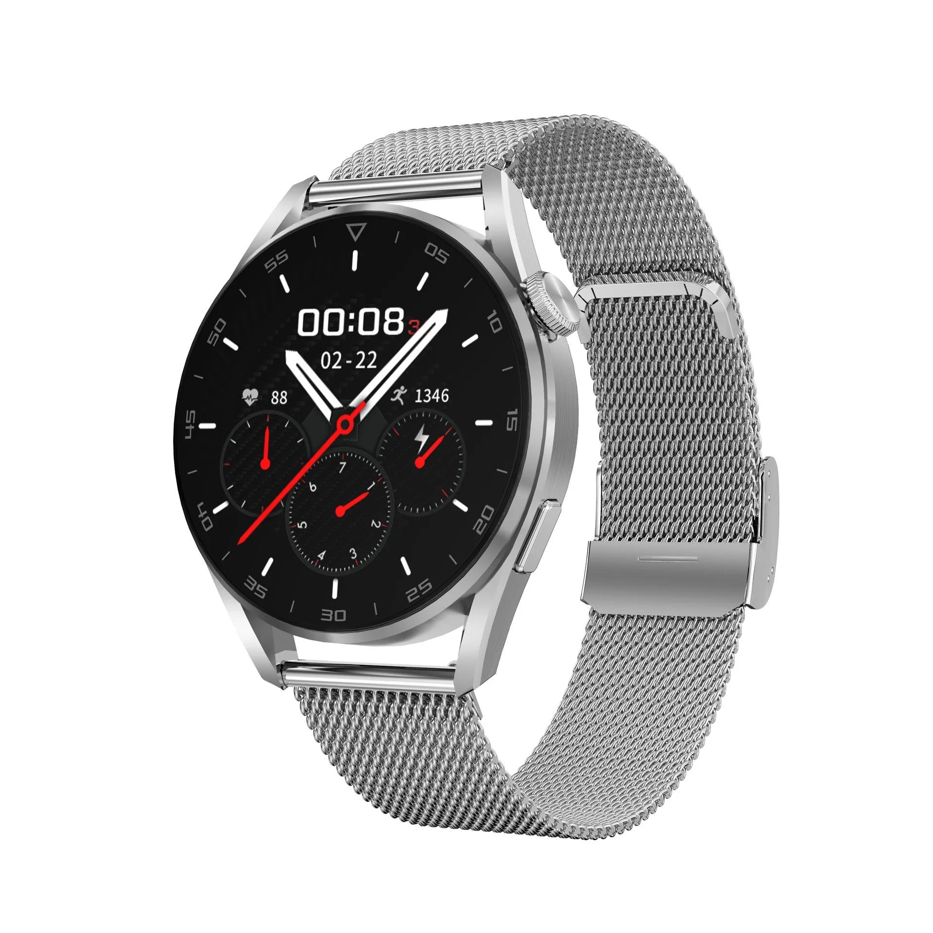 Smart watch with metal wristband and 1.3 inch IPS touchscreen display showing interface
