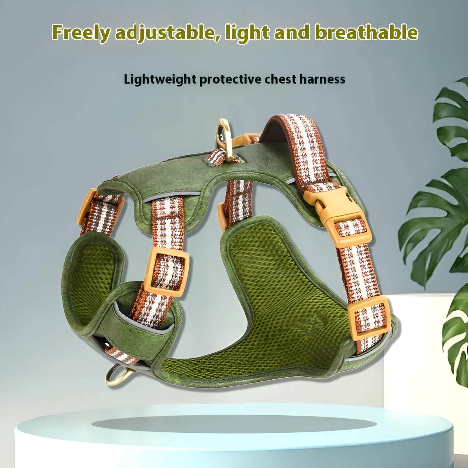 Brown leather dog harness with reflective strips and metal D-ring for lead attachment