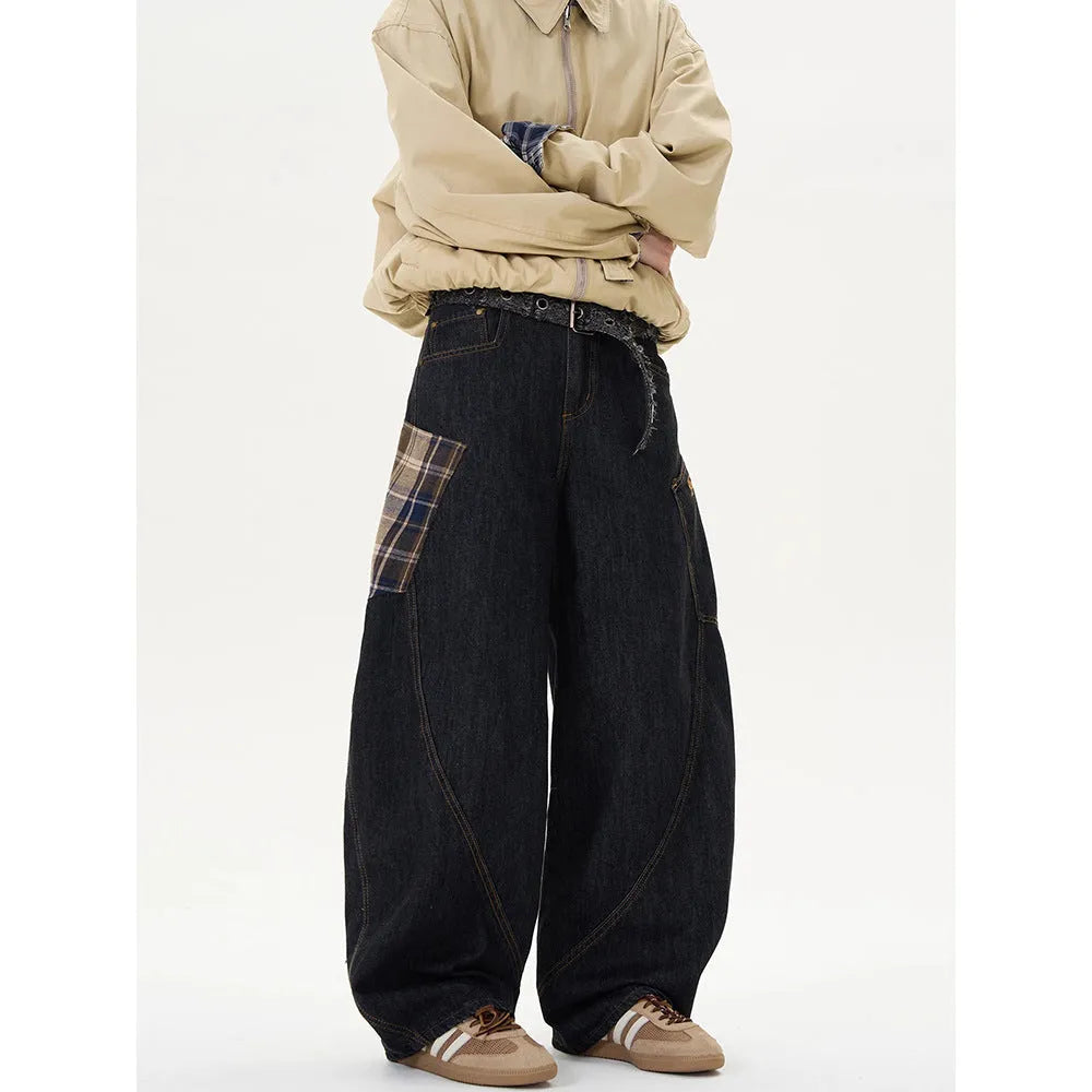 Loose retro casual trousers in coffee plaid and red plaid colours, straight-leg style