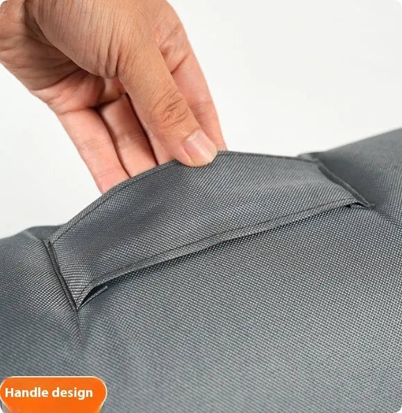 Gray cloth waterproof cat nest for stray cats with hanging bracket in outdoor winter setting