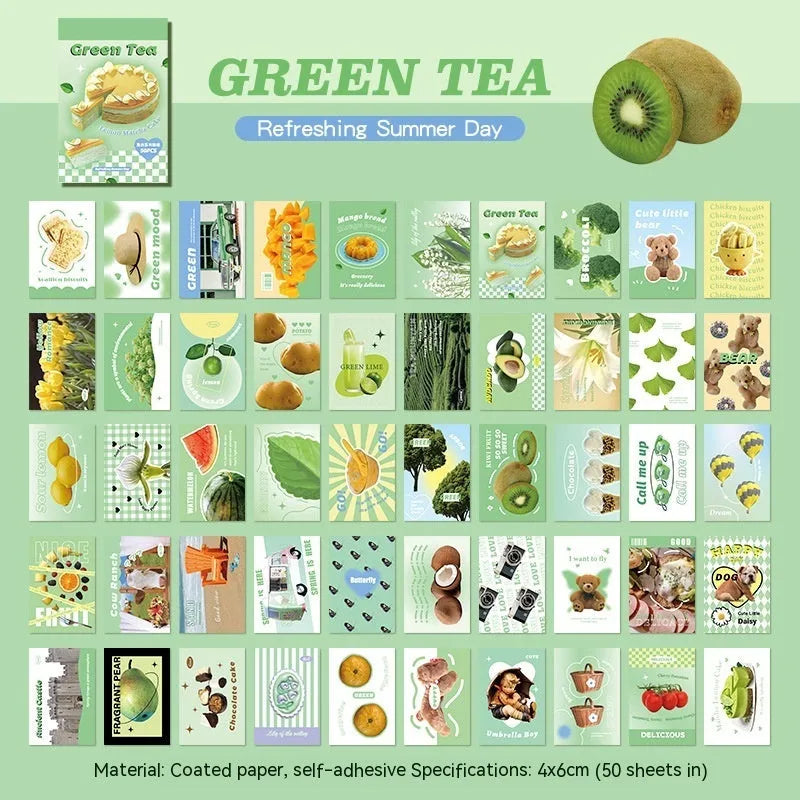 Pack of 50 sheet cartoon sticker book in six colours for journal decoration, each sheet 4x6cm.