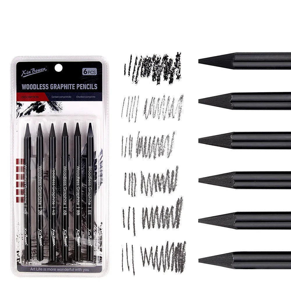 Set of six wood-free graphite sketching pencils in grades HB, 2B, 4B, 6B, 8B, and EE