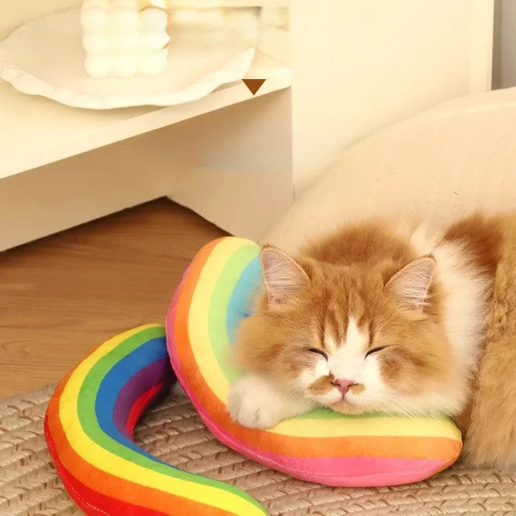 Cat toy set with flannel catnip throw pillow and teasing stick in dark and light colours