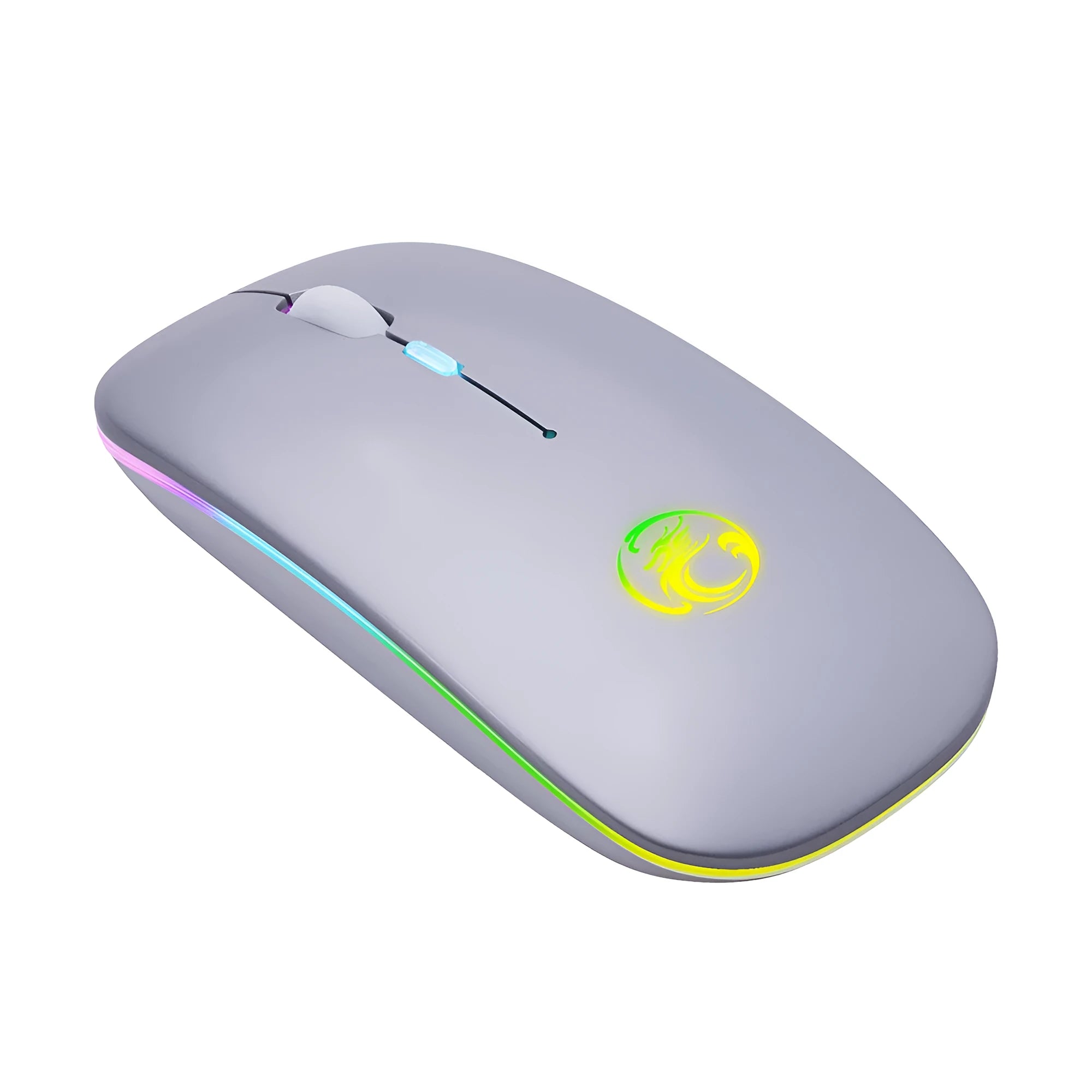 Black and white dual-mode wireless silent mouse with luminous charging scroll wheel.