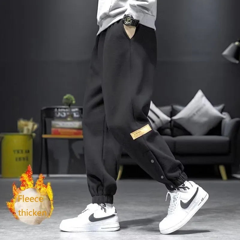 Autumn winter casual pants in cotton blend with skinny leg, ankle strap and velvet padded option, black or gray