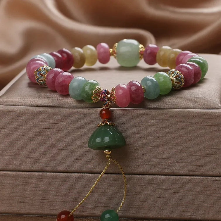 Chinese style natural colour tourmaline bracelet with floral lotus seedpod pendant for women